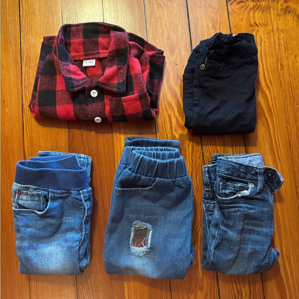 Red and Black Buffalo Plaid Button Shirt with Assorted Jeans (12-18mo)